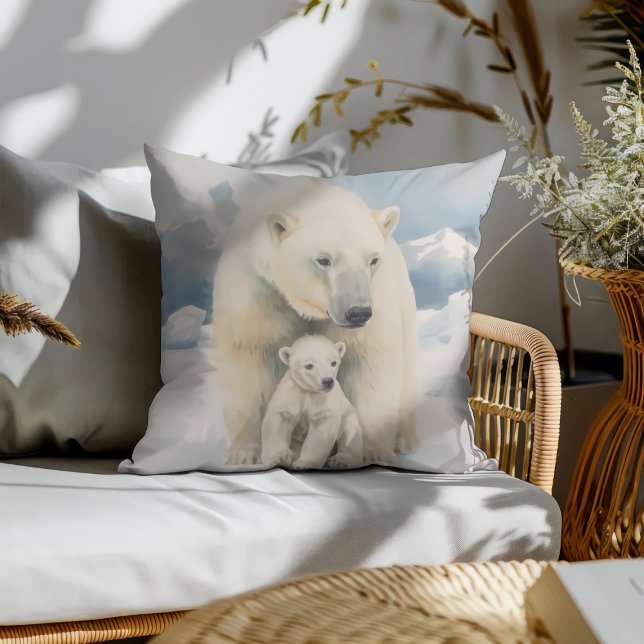 Coussin Ours Polaire et Ourson Élégance Arctique (Créateur téléchargé)