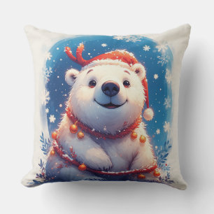 Coussin Ours polaire heureux avec un chapeau de Père Noël