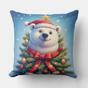 Coussin Ours polaire heureux en chapeau de Père Noël