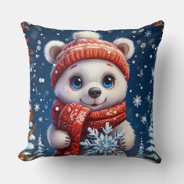 Coussin Ours polaire mignon en écharpe d'hiver (Recto)