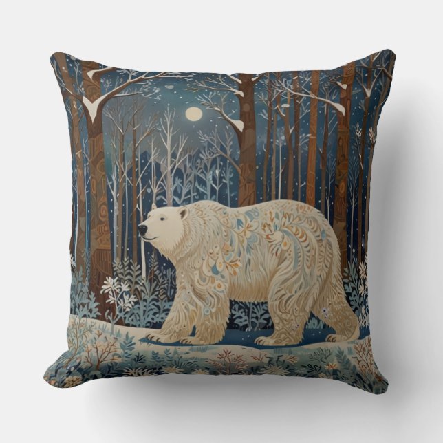 Coussin Ours polaire rétro blanc boho forêt de bois (Recto)