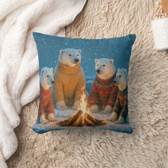 Coussin Ours polaires de Noël autour d'un feu de joie (Couverture)