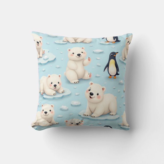 Coussin Ours polaires mignons et pingouins (Recto)