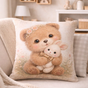 Coussin Ourson Mignon avec Lapin Décoration Neutre pour Ch
