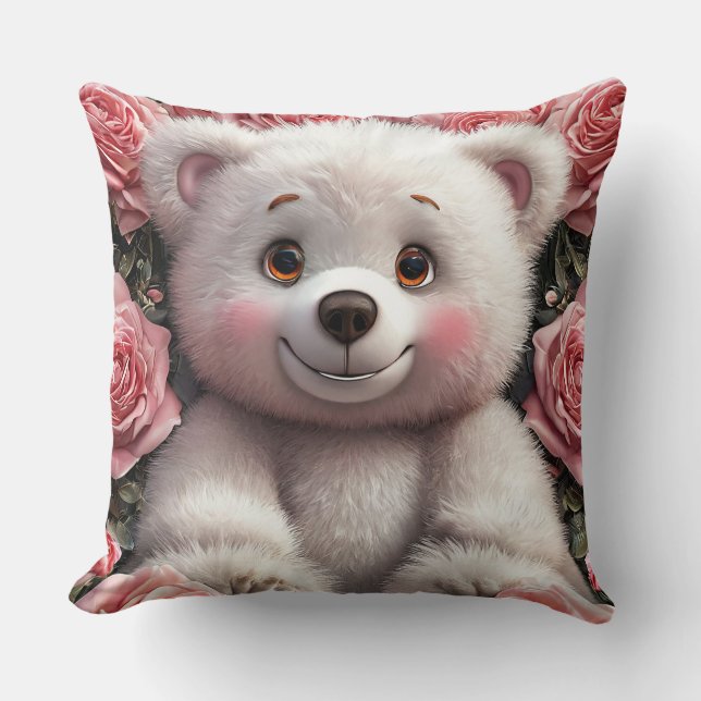 Coussin 🧸🌸 Ourson Mignon Fleur d'Amour Cadeau ✨ (Recto)