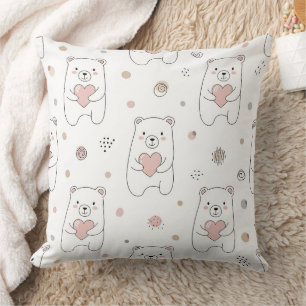 Coussin Ourson Mignon Tenant un Cœur -- Nurserie Pastel