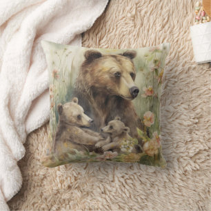 Coussin Oursons Maman Ours Fleurs Roses Peinture de la Nat