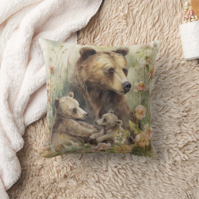 Coussin Oursons Maman Ours Fleurs Roses Peinture de la Nat (Couverture)