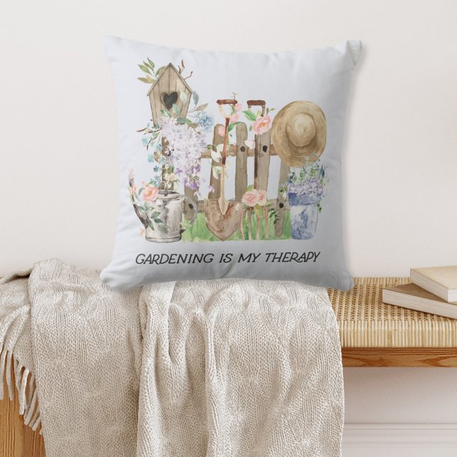 Coussin Outils de jardinage et citation florale à l'aquare (In situ)