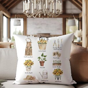 Coussin Outils essentiels de jardinage Tournesol aquarelle