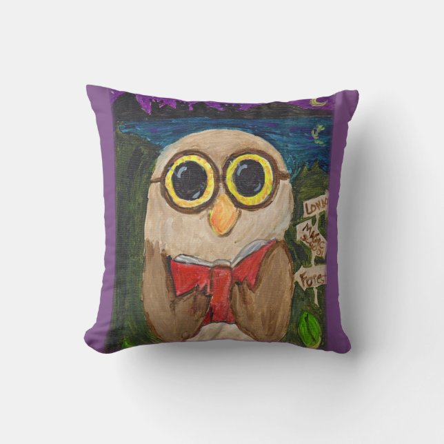 Coussin Owl Folk Art, lecteur d'Imaginaire (Recto)