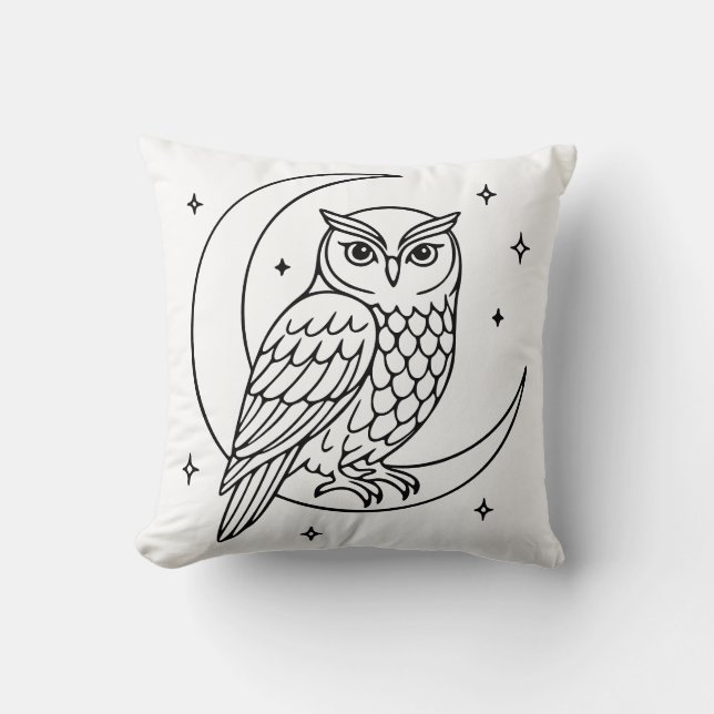 Coussin  Owl on Crescent Moon with Stars Line Art (Recto)