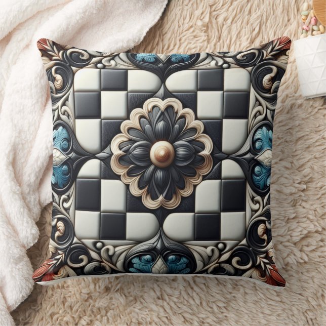 Coussin P Plaid floral à médaillon noir et blanc (Couverture)