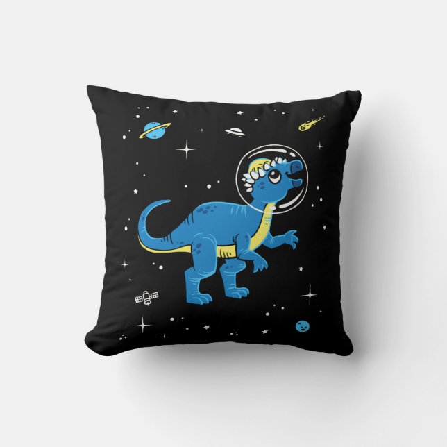 Coussin Pachycéphalosaurus Bleu Et Jaune Dinos Dans L'Espa (Recto)