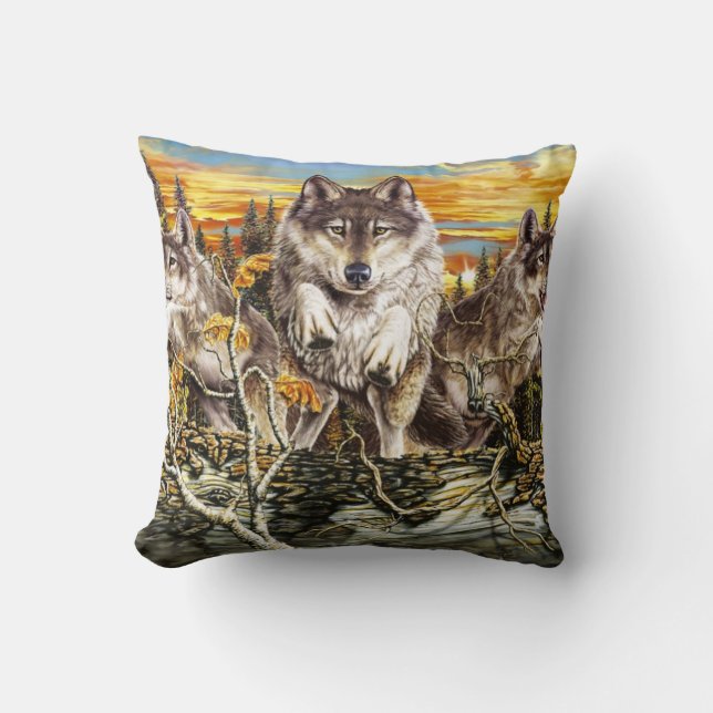 Coussin Pack de loups sautant au-dessus d'un bûcher (Recto)