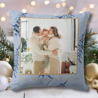 Coussin Pagode bleu poussiéreux Joyeux sapin de Noël 1 pho