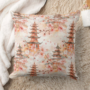 Coussin Pagode chinoise à l'aquarelle avec fleurs de ceris