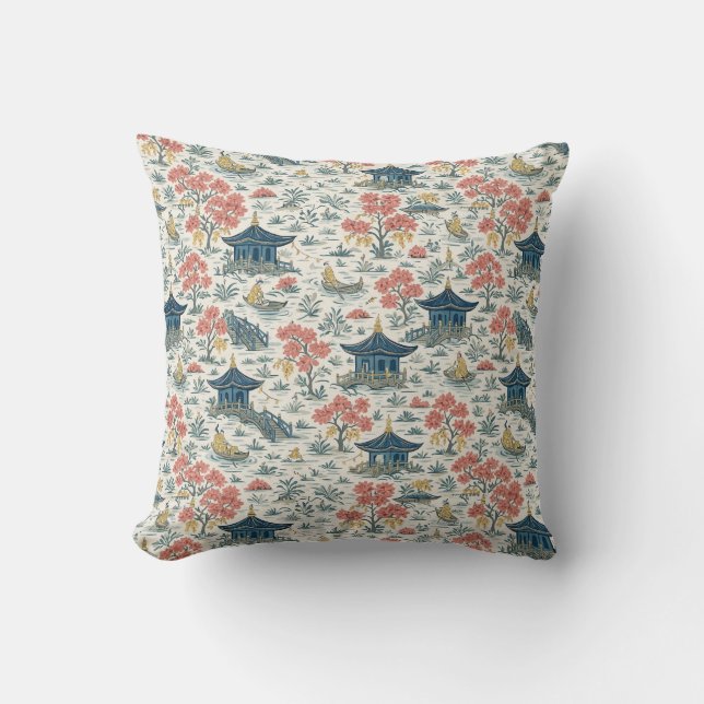 Coussin Pagode et motif de bateau de style chinoiserie vin (Recto)