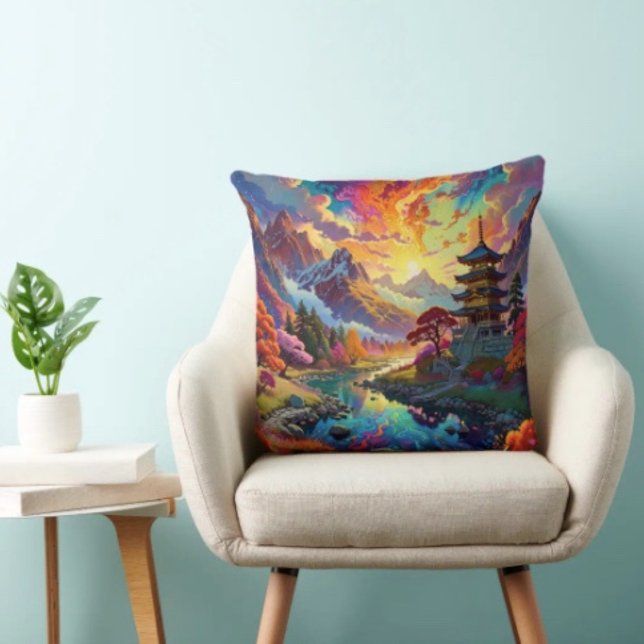 Coussin Pagode et paysage coloré  (Vibrant Pagoda  Fantasy Landscape pillow high quality 100% polyester hidden zipper enclosure.)