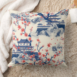 Coussin Pagode Japonaise Fleur de Cerisier Crème Bleue