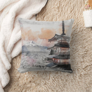 Coussin Pagode japonaise & Fuji aquarelle 