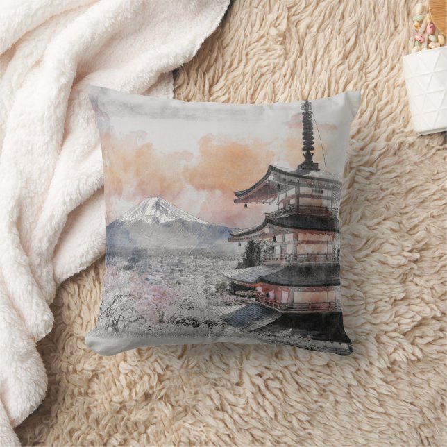 Coussin Pagode japonaise & Fuji aquarelle  (Couverture)