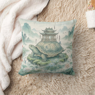 Coussin Pagode majestueuse de la tortue en encre artistiqu