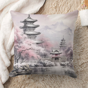 Coussin Pagode sakura japonais et gris rose du pont