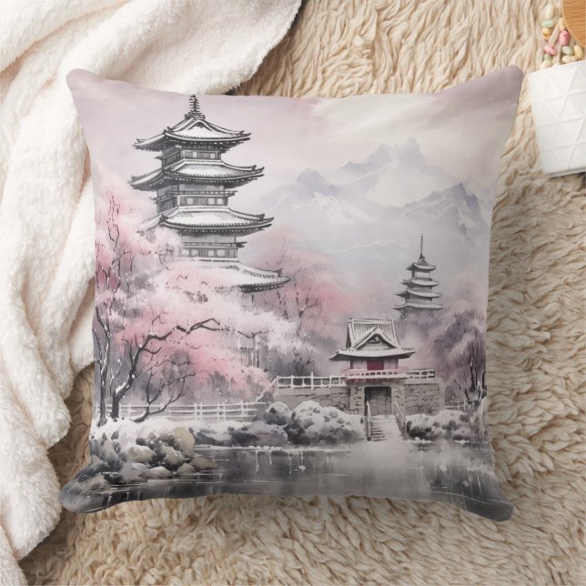 Coussin Pagode sakura japonais et gris rose du pont (Couverture)
