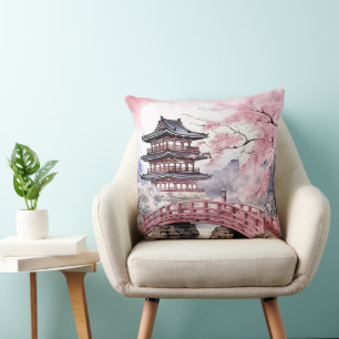 Coussin Pagode Sakura rose japonaise et pont