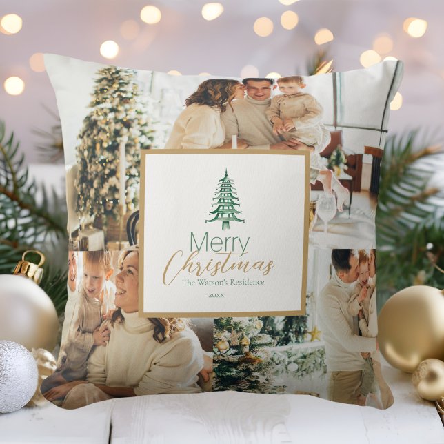 Coussin Pagode verte Arbre de Noël 3-Photo Jeu d'oreiller (Green Pagoda Christmas Tree 3-Photo Throw Pillow)