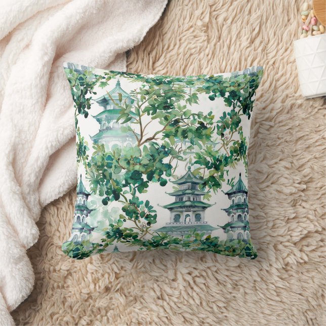 Coussin Pagodes aquarelle forêt d'olive paysage asiatique (Couverture)