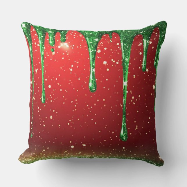 Coussin Pailletage vert qui coule sur fond rouge (Recto)