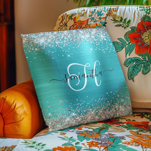 Coussin Pailleté Argent et Turquoise Monogrammé (Glittery Silver and Turquoise Blue Monogrammed Throw Pillow)