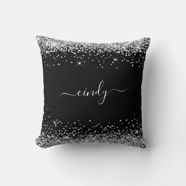 Coussin Pailleté Argent Nom Noir (Recto)
