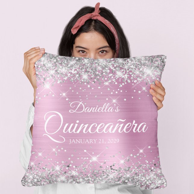 Coussin Pailleté Argent Rose Clair Feuille de Quinceañera (Silver Glitter Light Pink Foil Quinceañera Throw Pillow)