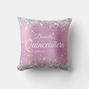 Coussin Pailleté Argent Rose Clair Feuille de Quinceañera