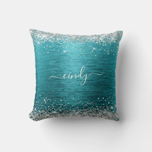 Coussin Pailleté Argent Turquoise Foncé Métal Brossé Nom