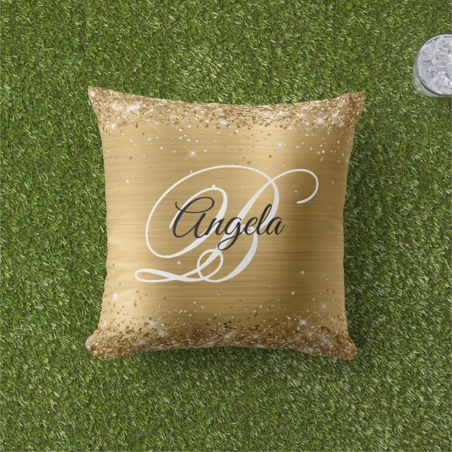 Coussin Pailleté or brillant Glitter Feuille Monogramme (Herbe)