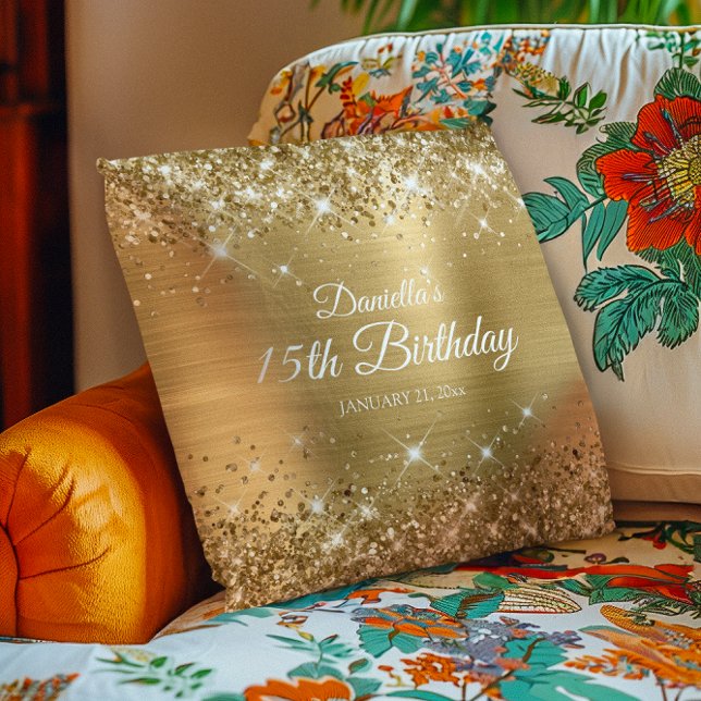 Coussin Pailleté Or Feuille 15e Anniversaire (Glittery Gold Foil 15th Birthday Throw Pillow)
