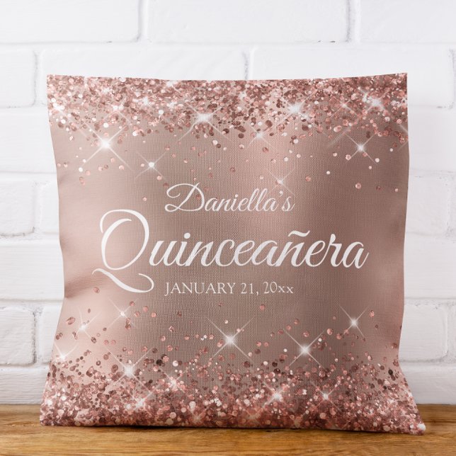 Coussin Pailleté Rose Gold Glam Dégradé Quinceañera 15 (Glittery Rose Gold Glam Gradient Quinceañera 15 Throw Pillow)