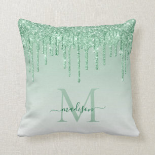 Coussin Pailleté Vert Sarcelle Script Monogramme Glamour G