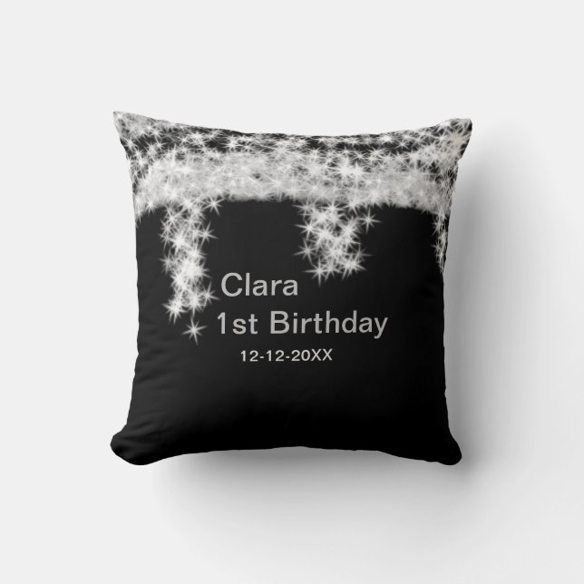 Coussin Pailletterie noire argent ajouter nom date de nais (Recto)