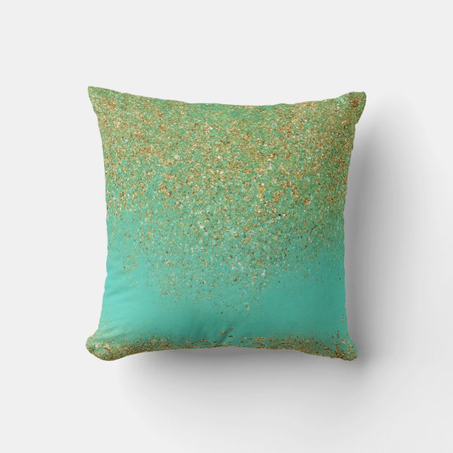 Coussin Paillettes dorées en cascade & Aqua sarcelle Glamo (Recto)