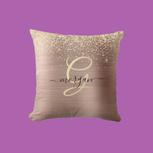 Coussin Paillettes dorées, monogramme doré, nom en script