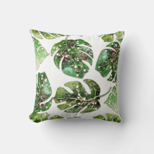 Coussin Paillettes dorées scintillement glam tropical feui