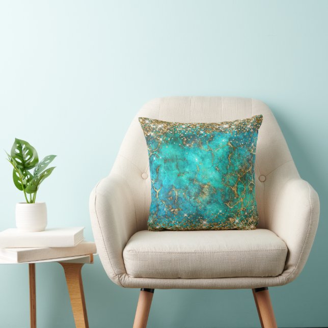 Coussin Paillettes dorées Turquoise Bleu Pierre précieuse  (Chaise)