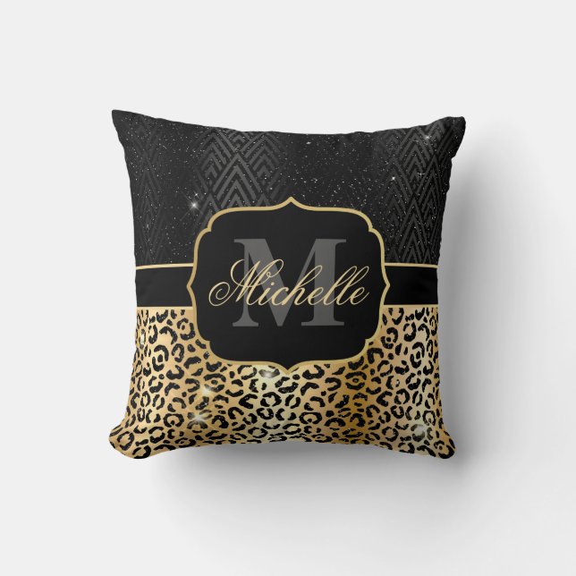 Coussin Paillettes Noir & Or Glamour Taches de Léopard & A (Recto)