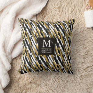 Coussin Paillettes noires et or Motif animal zèbre blanc