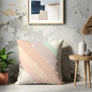 Coussin Paillettes Or Rose Marbre Pastel Bandes Diagonales